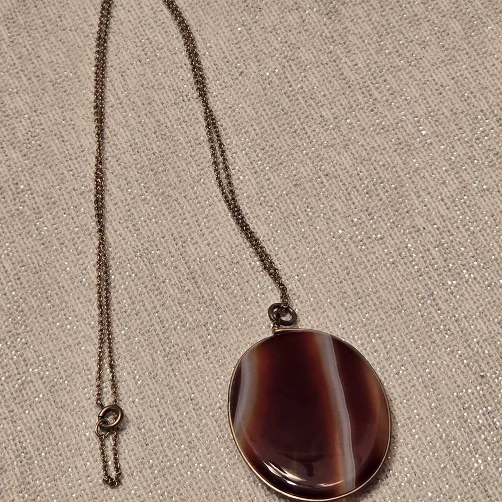 Vintage Brown Agate Pendant Goldtone Wire Wrapped W Chain - Picture 4 of 7